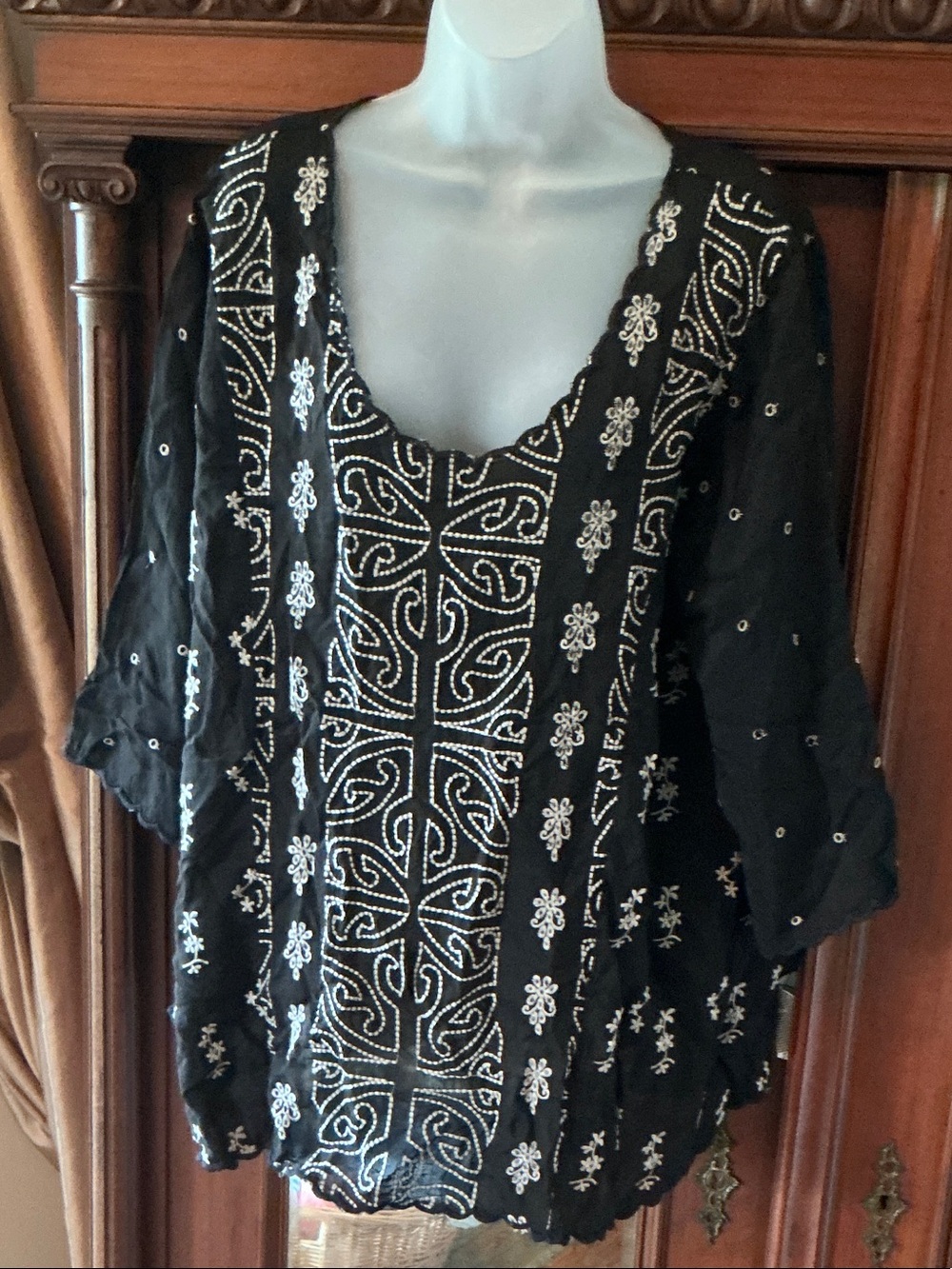 Johnny Was Black Tunic with Cream Embroidery